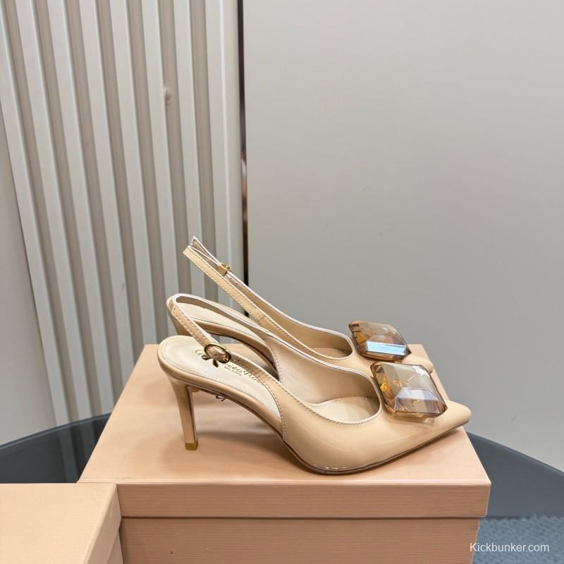 2025 Women Gianvito Rossi Beige Patent Leather Slingback High Heel Gemstone KFY00300