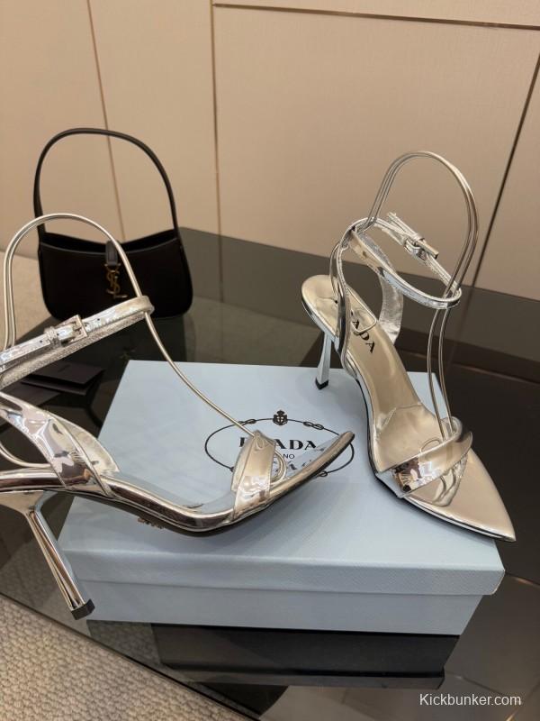 2025 Women Yves Saint Laurent Silver Leather Stiletto Sandals