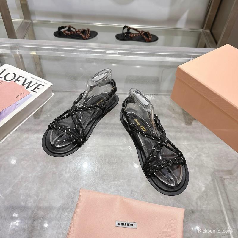 2025 Women Miu Miu Black Leather Rope Sandals