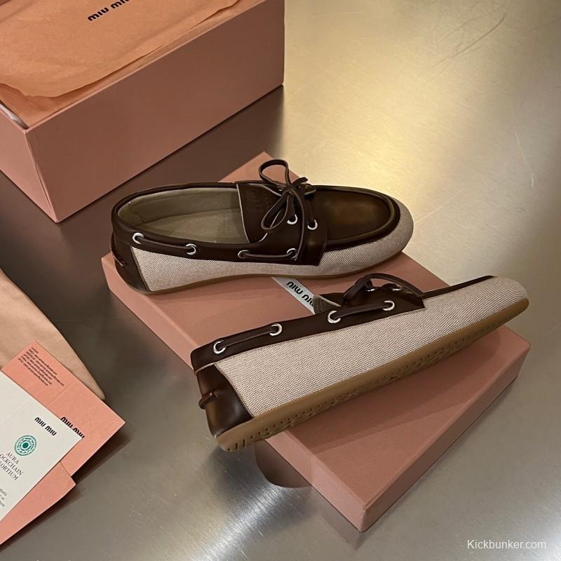 2025 Women Miu Miu Brown Beige Leather Canvas Loafers LY00230