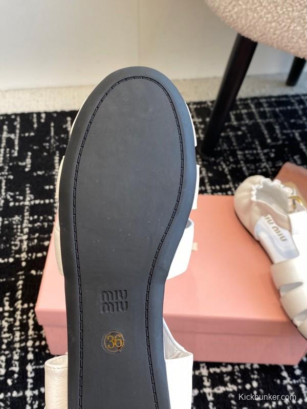 2025 Women Miu Miu White Calf Leather Flat Sandals