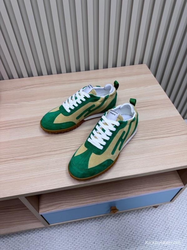 2025 Unisex Hermès Green Beige Suede Down Fabric Sneakers Top Version LY00310