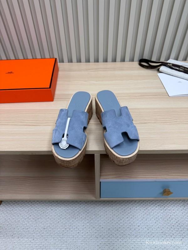 2025 Women Hermès Blue Suede Slippers