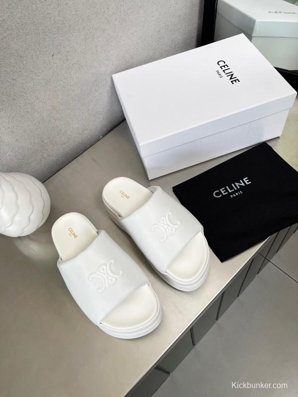 2025 Slippers Celine White Leather Platform Embossed LY00240