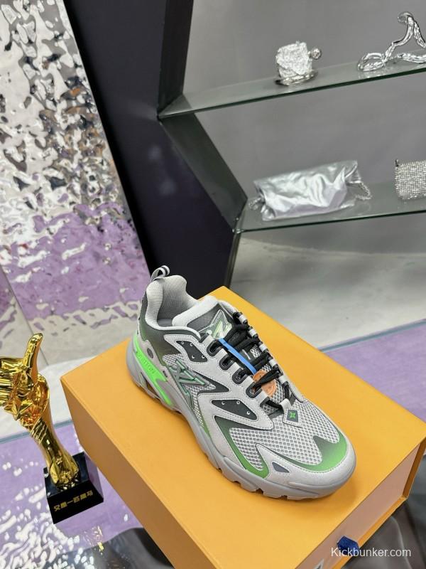 2025 Men Louis Vuitton Green Grey Mesh Leather Sneakers MJ00420