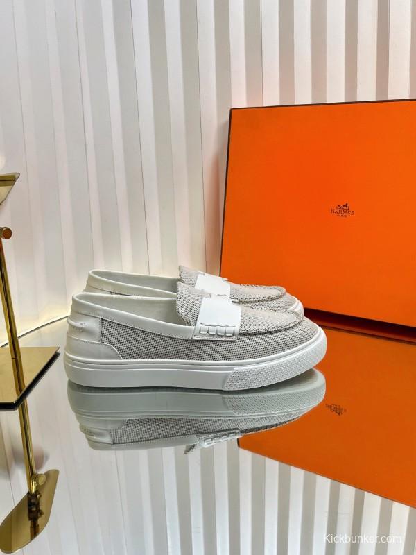 2025 Women Hermès White Mesh Leather Casual Loafers LY00310