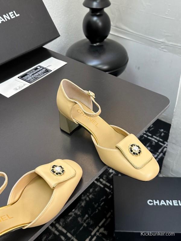 2025 Women CHANEL Beige Lambskin Mid Heel Ankle Strap Square Toe Pumps