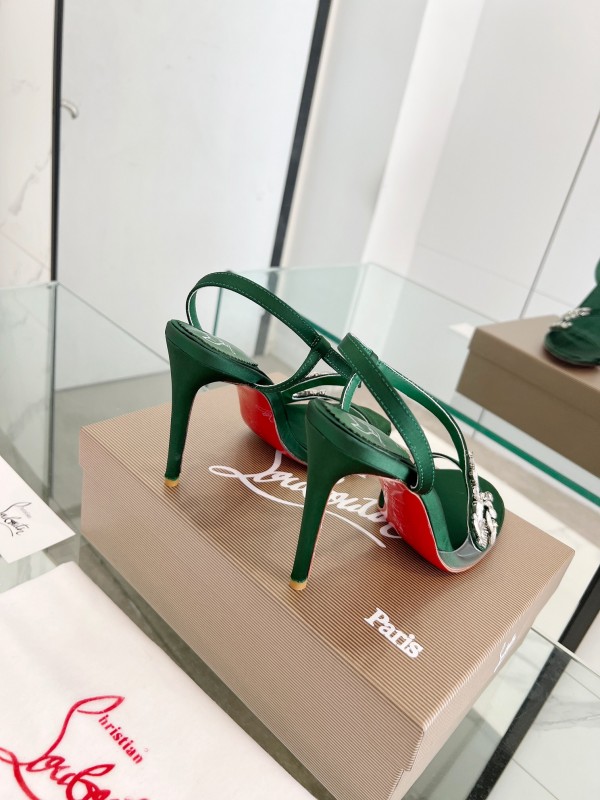 2025 Women Christian Louboutin Green Silk High Heel Crystal Sandal LY00300