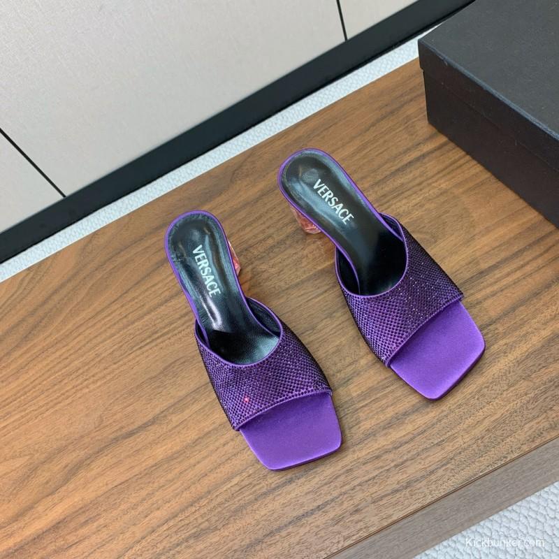 2025 Slippers VERSACE Purple Silk Rhinestone