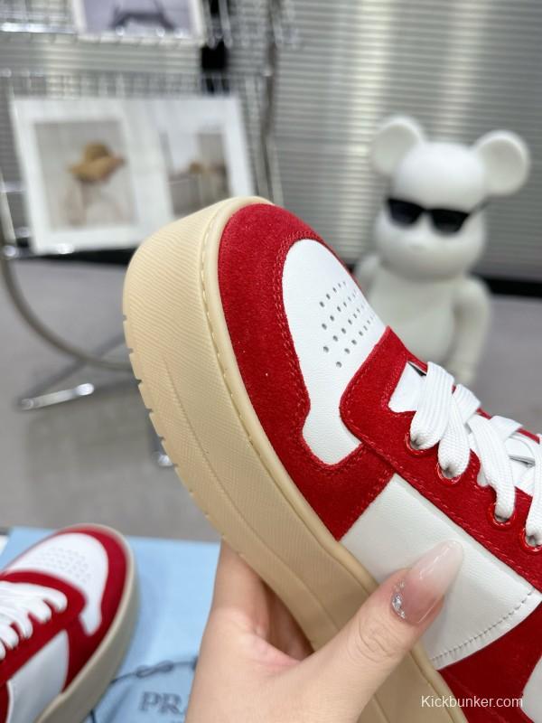 2025 Women Prada Red White Leather Sneakers KFY00310