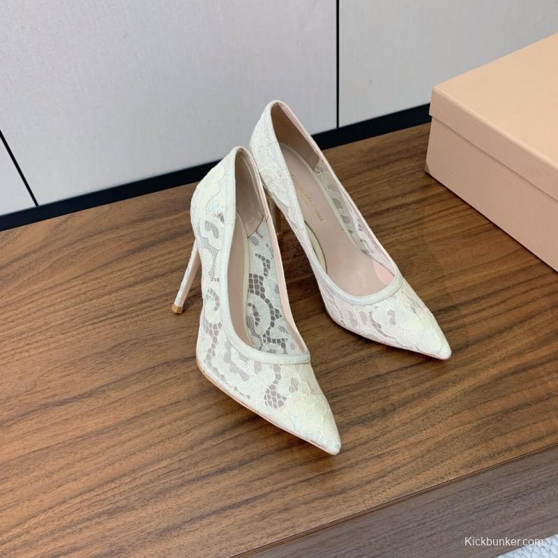 2025 Women Gianvito Rossi White Lace Leather Pumps KFY00280