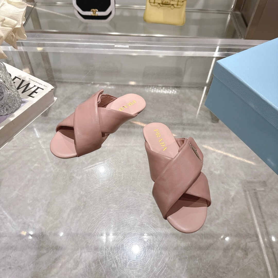 2025 Women Prada Pink Leather Slippers