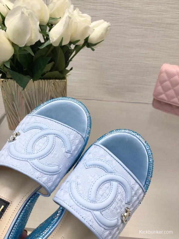2025 Women Chanel Blue White Fabric Platform Slide Sandals LY00320
