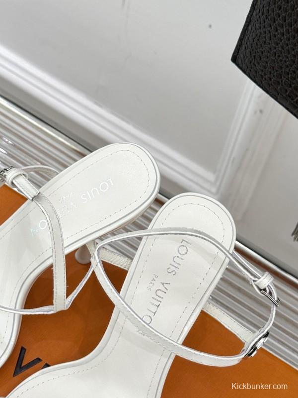 2025 Women Louis Vuitton White Leather Strappy Sandals KFY00280