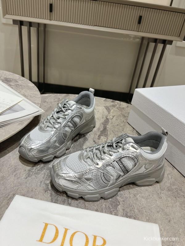 2025 Women Dior Silver Mesh Leather Running Sneakers