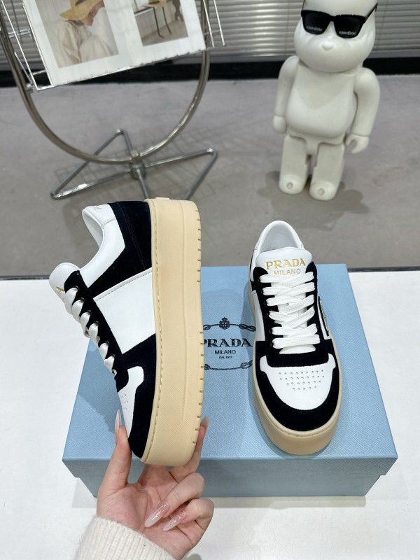 2025 Women Prada Black White Leather Suede Sneakers Downtown Bold KFY00310