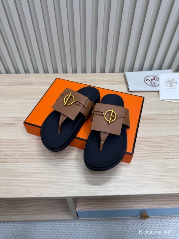 2025 Slippers Hermès Brown Black Leather Slippers