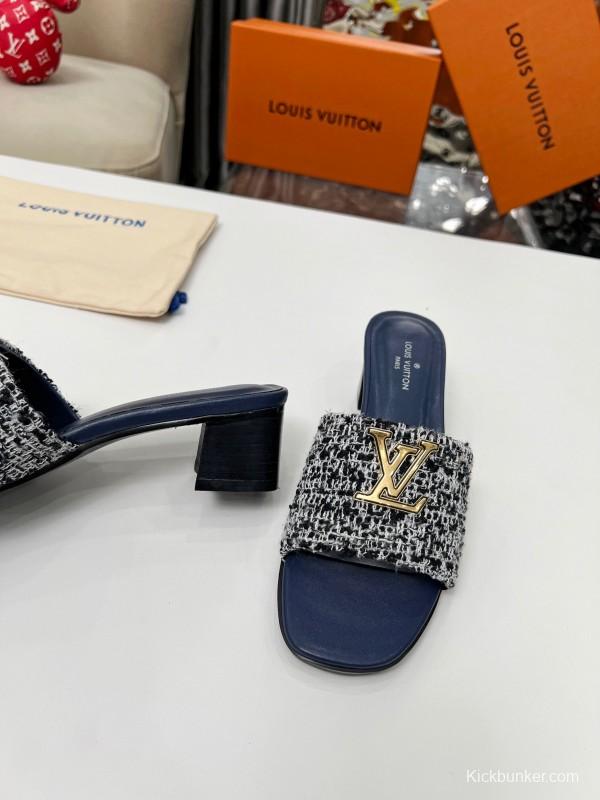 2025 Women Louis Vuitton Navy White Tweed Leather Heeled Sandals LY00220
