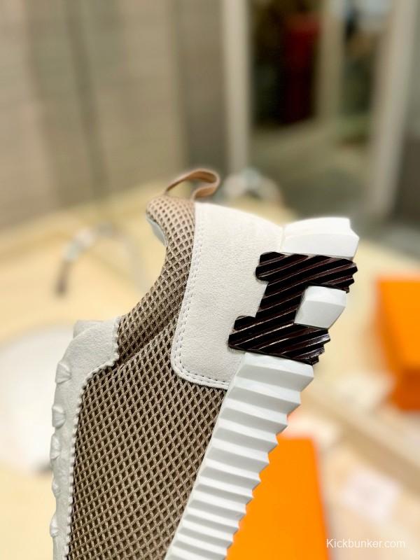 2024 Women Hermès beige white mesh leather sneakers