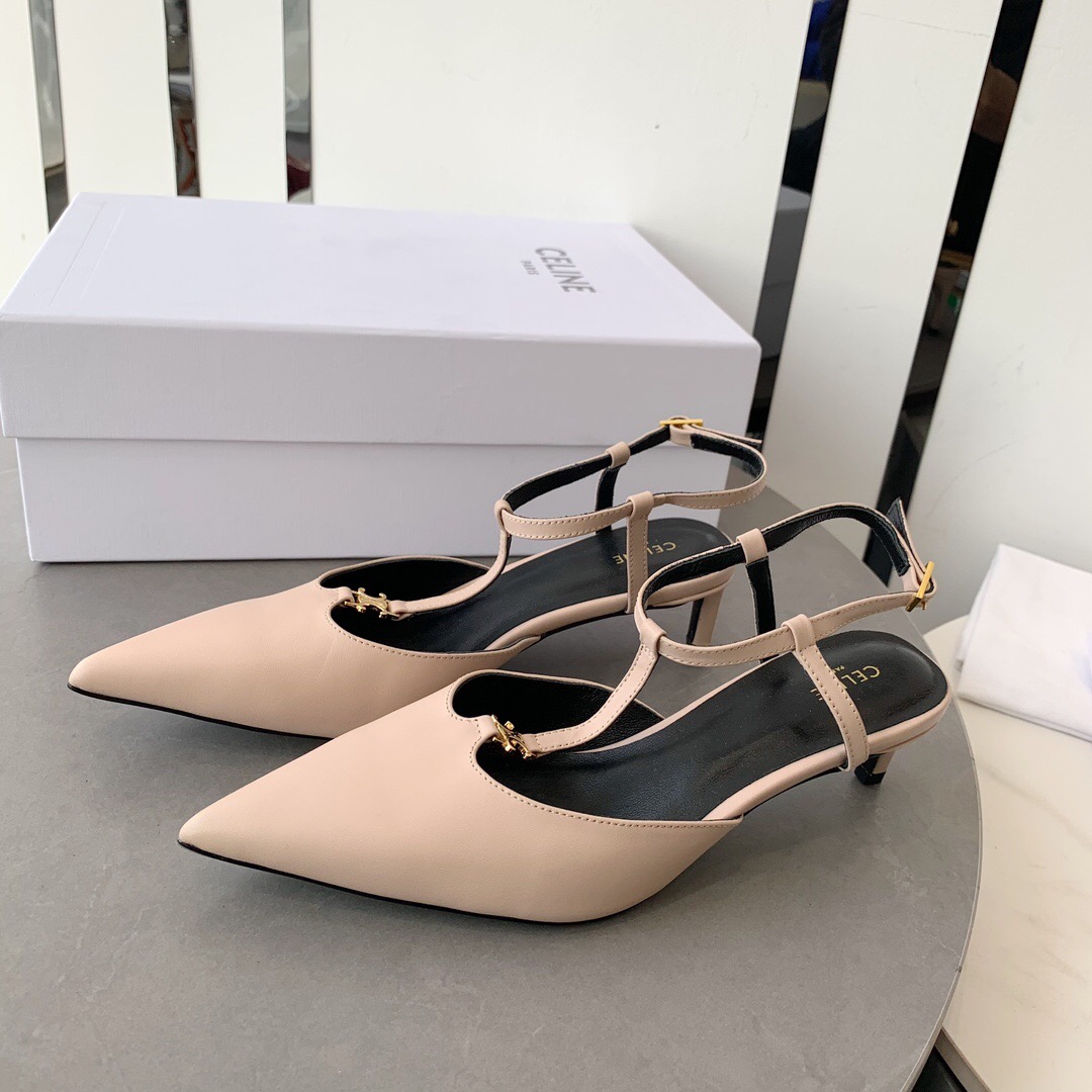2025 Women Celine Beige Calfskin T-Strap Pumps