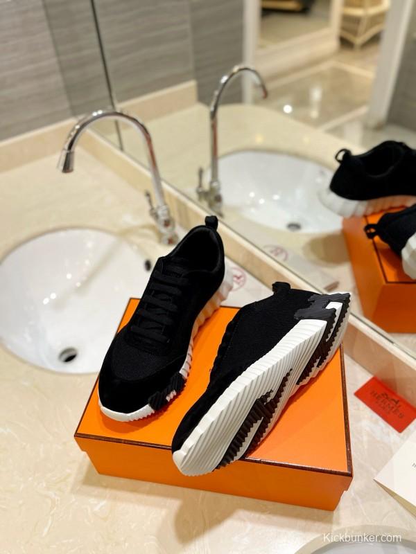 2024 Unisex Hermès black white fabric Suede sneakers