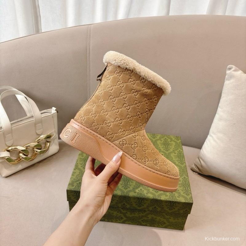 2024 Women Gucci beige suede snow boots with shearling lining MJ00350