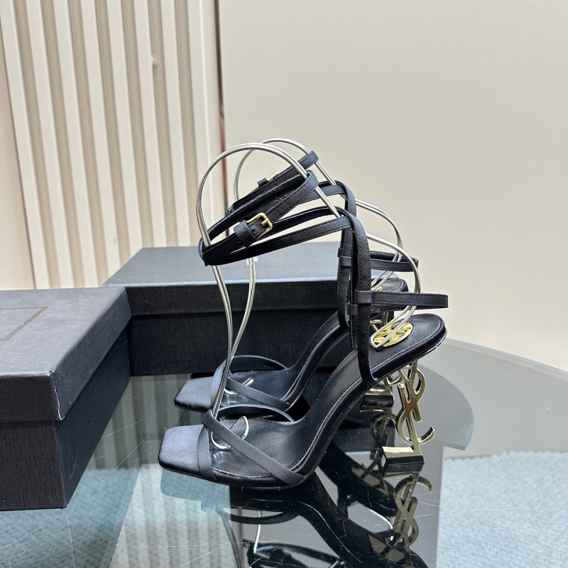 2025 Women Yves Saint Laurent Black Satin High Heel Sandals KFY00290