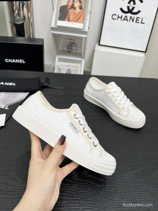 2025 Women Chanel White Canvas Casual Sneakers LY00230