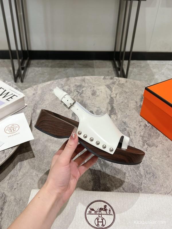 2025 Women Hermès White Leather Slippers
