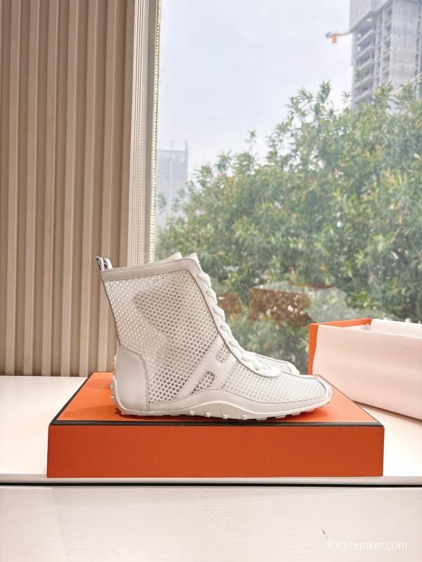 2025 Women Hermès White Leather Mesh Ankle Boots