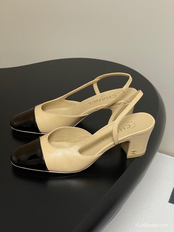 2025 Women Chanel Beige Black Leather Sling-back Classic Heel