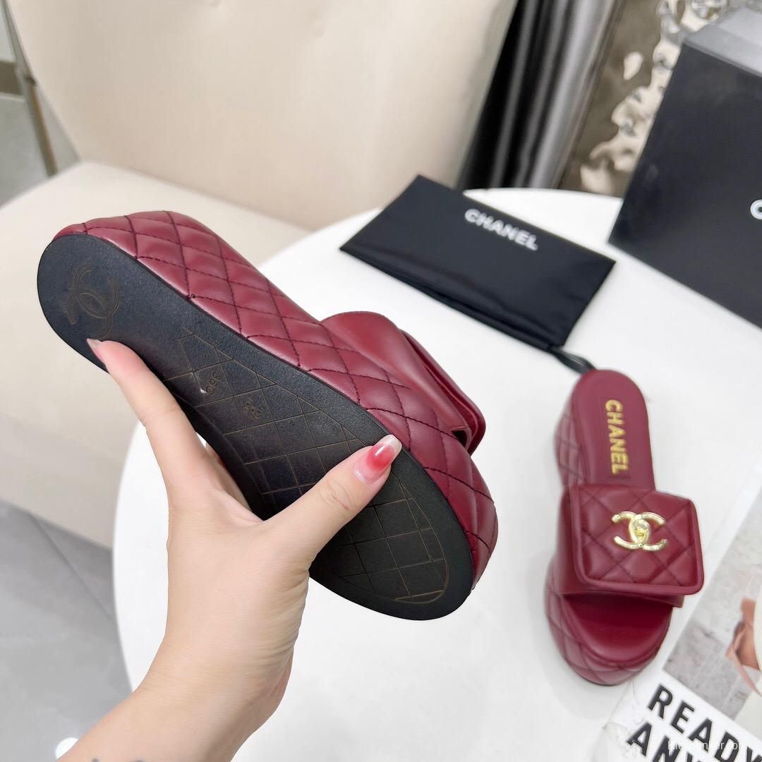 2025 Women Chanel Burgundy Leather Platform Sandals