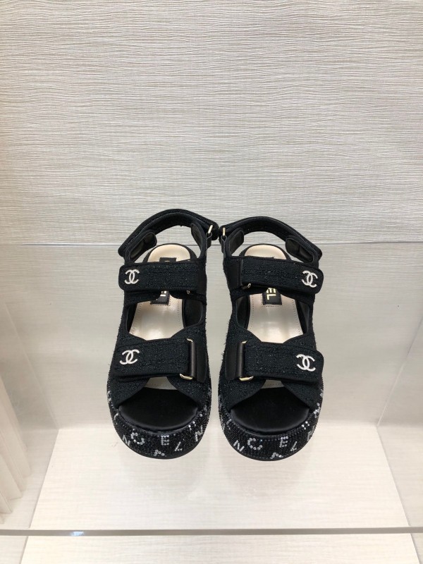 2025 Women Chanel Black Fabric Platform Sandals LY00330