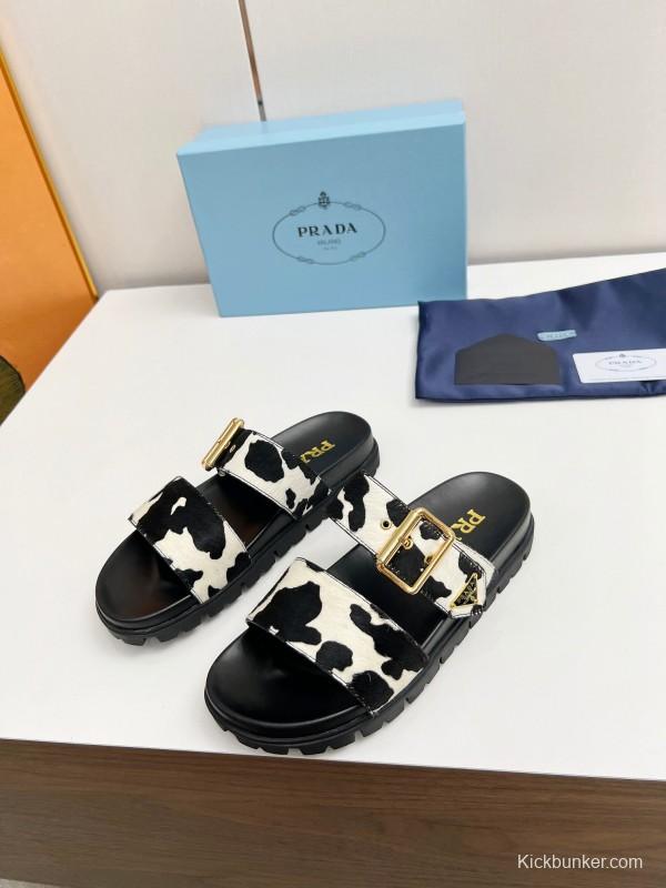 2025 Women Prada Black White Calf Hair Leather Sandals LY00260