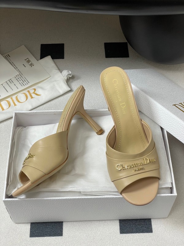 2025 Women Dior Beige Leather Heeled Slippers Christian Dior Logo