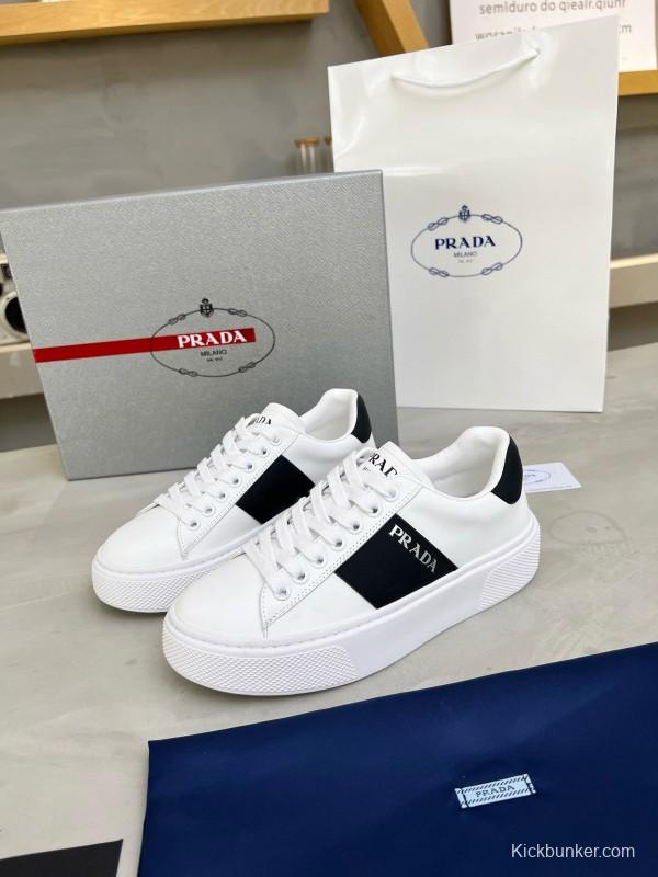 2024 Unisex Prada White Black Silk Calfskin Leather Sneakers MJ00310