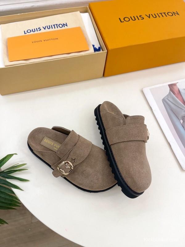 2025 Women Louis Vuitton Brown Suede Slippers Flower Buckle KFY00300