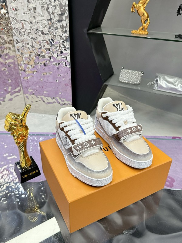 2024 Unisex Louis Vuitton White Brown Leather Mesh Plimsolls Waxed Vintage MJ00500