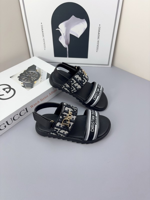2025 Kids Dior Gray Black Canvas Leather Sandals