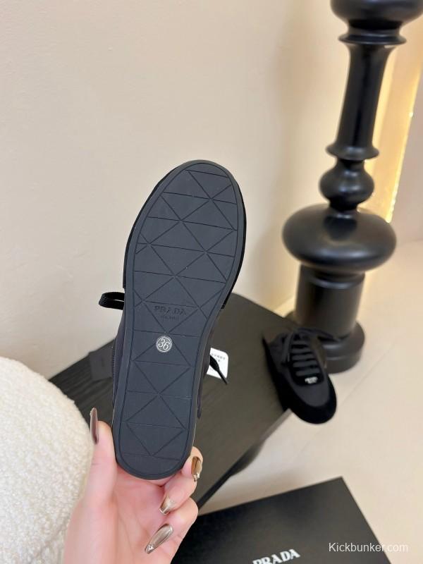 2025 Women Prada Black Suede Nylon Casual Lace-up Shoes