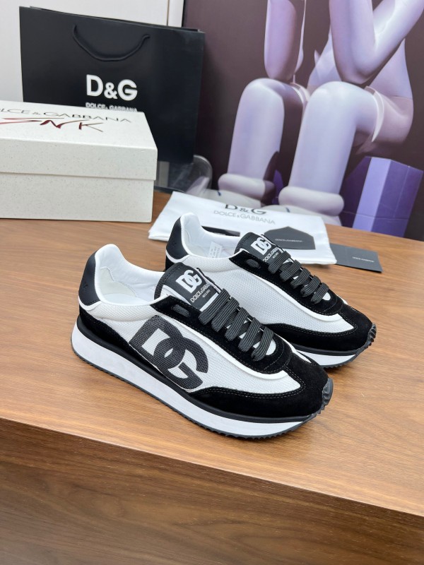 2025 Unisex Dolce & Gabbana Black White Mesh Suede Sneakers LY00300