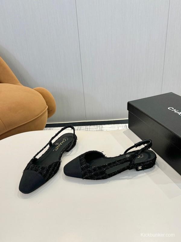 2025 Women Chanel Black Leather Tweed Ballet Flats LY00240