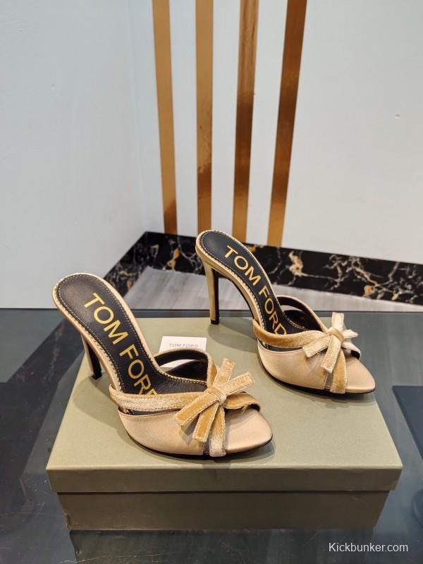 2025 Women TOM FORD Beige Suede High Heel Open Back Sandals KFY00290