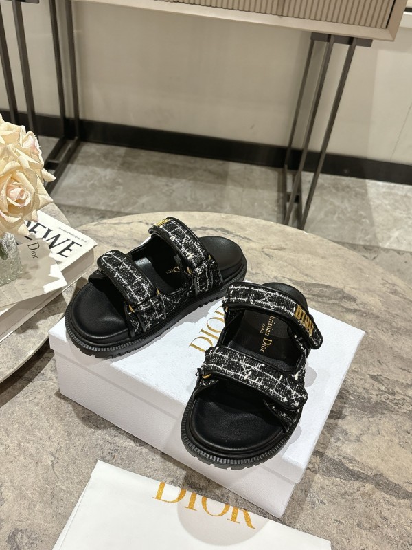 2025 Women Dior Black White Fabric Leather Sandals KFY00300