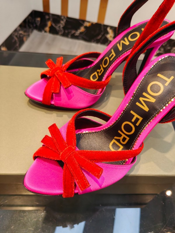 2025 Women TOM FORD Pink Red Velvet Silk High Heel Open Back Sandals