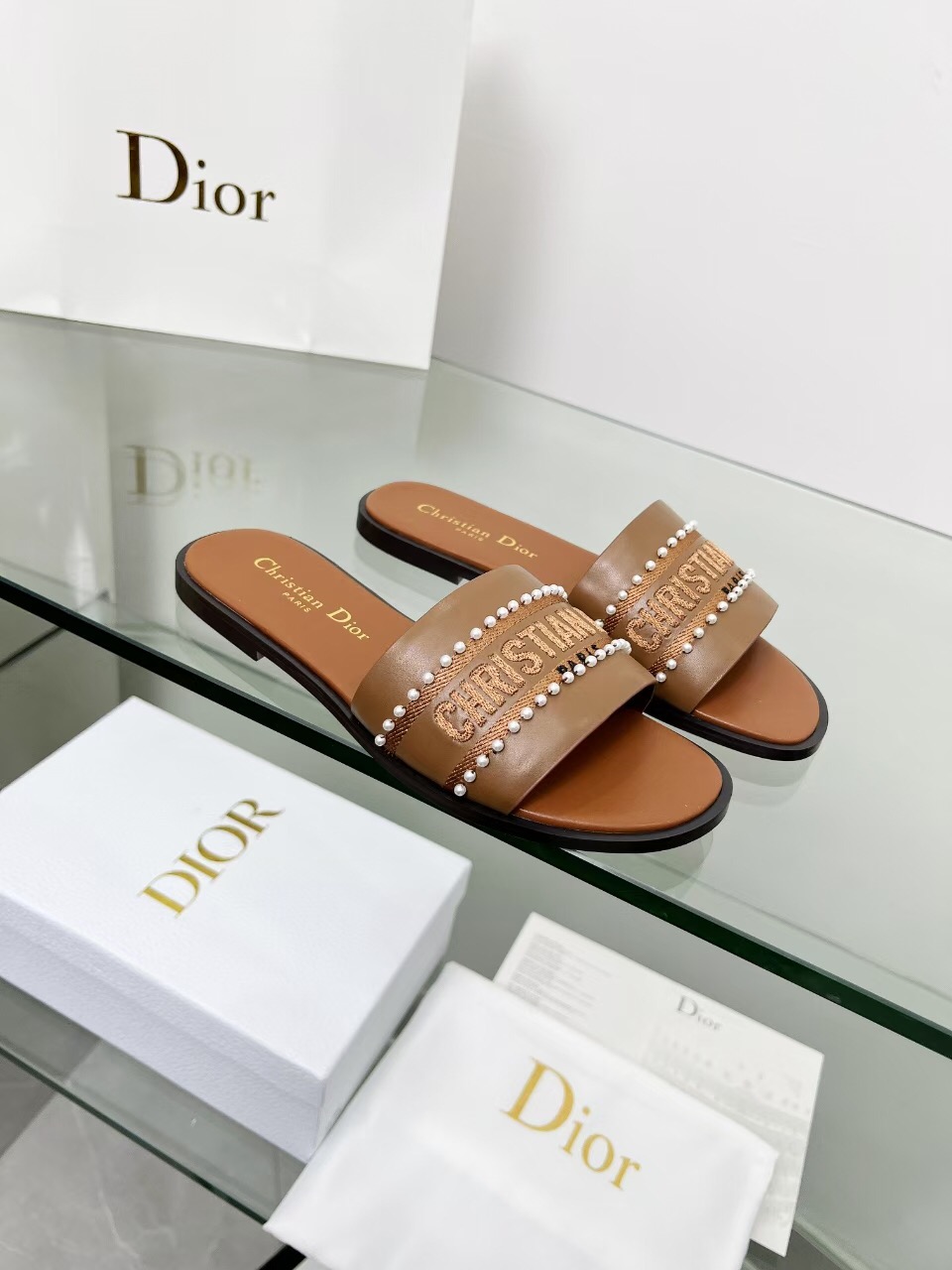 2025 Slippers Dior Brown Leather Women Slide Pearl LY00190