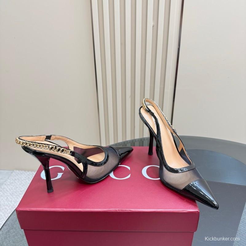 2025 Women Gucci Black Mesh Chain Strap High Heel Pumps KFY00300(F)