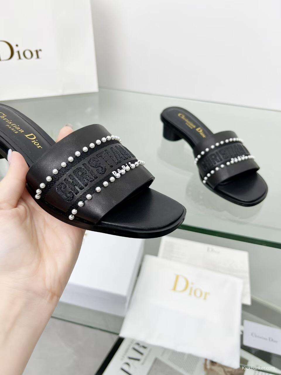 2025 Women Dior Black Leather Mules Pearl LY00210