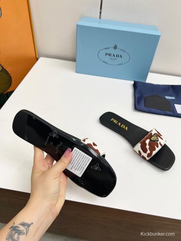 2025 Women Prada Brown White Calf Hair Leather Slippers LY00220