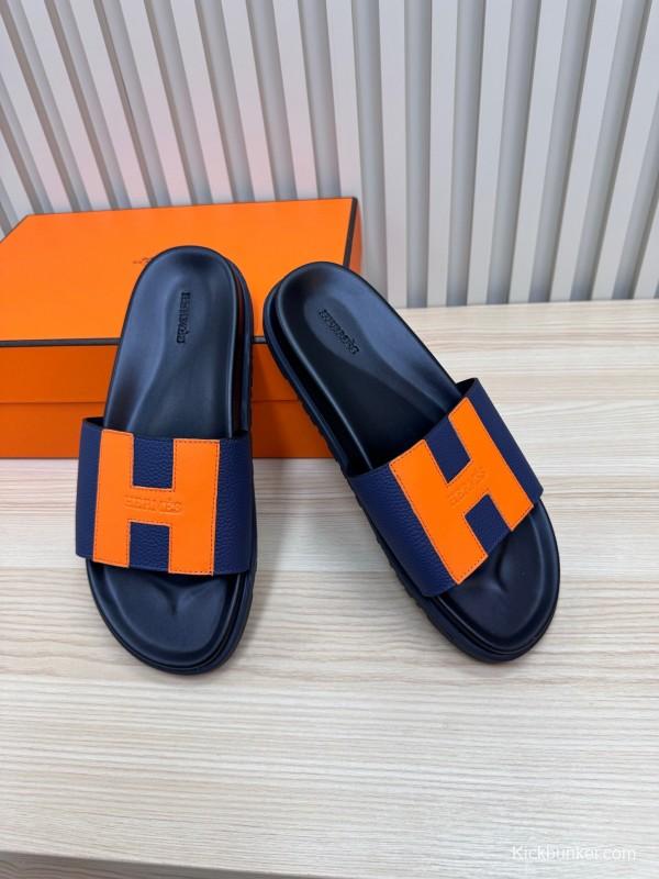 2025 Slippers Hermès Orange Navy Leather Slippers